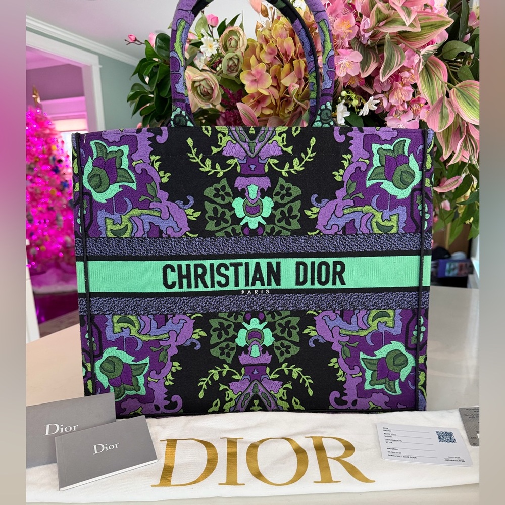 CHRISTIAN DIOR Canvas Embroidered Large Indian Purple Book Tote ~ EUC w/DB & COA - Picture 1 of 16